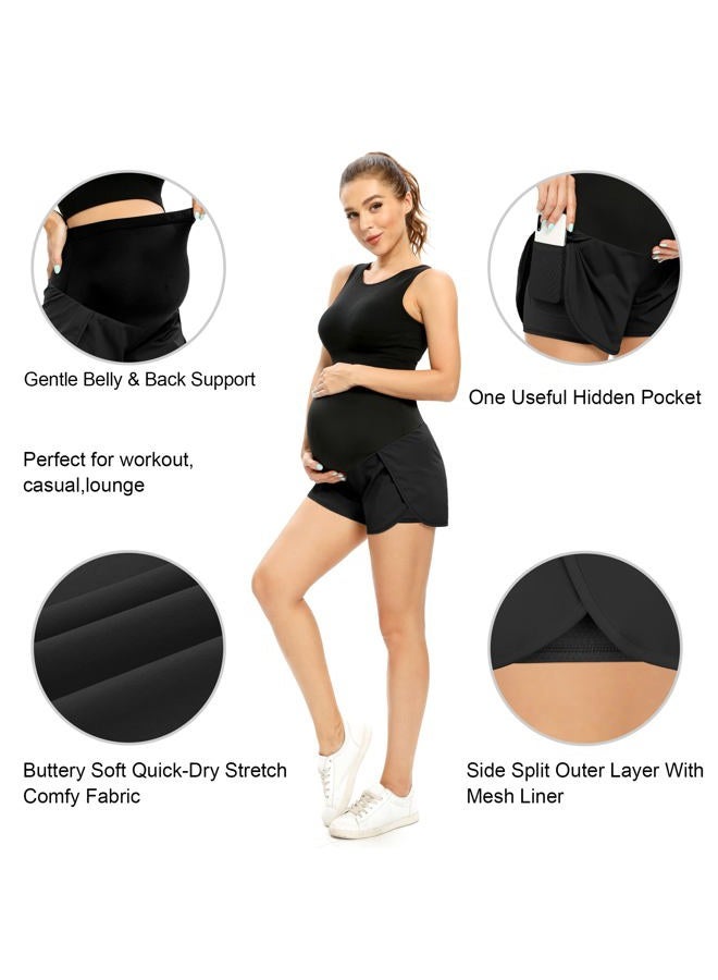 POSHGLAM Women‘s Maternity Shorts Over Belly Athletic Running Quick-Dry Pocket Comfy Pregnancy Workout Casual Shorts, 01 Black, M - Image 4