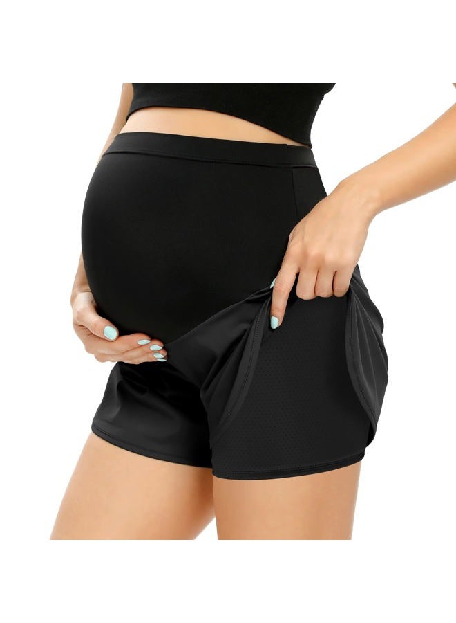 POSHGLAM Women‘s Maternity Shorts Over Belly Athletic Running Quick-Dry Pocket Comfy Pregnancy Workout Casual Shorts, 01 Black, M - Image 5