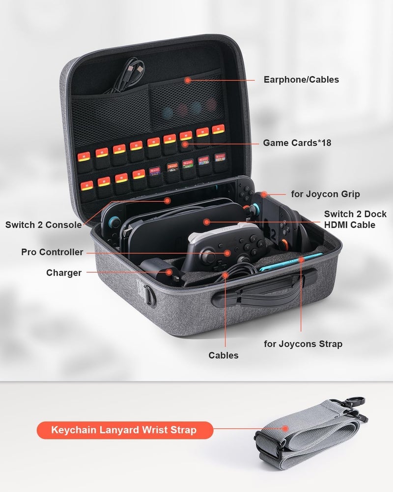 CENXI Switch 2 Carrying Case for Nintendo Switch 2 (2025), Large All in One Hard Travel Case with Game Card Slots, Portable Protective Carry Bag for Switch 2, Pro Controller and Other Accessories - Image 5