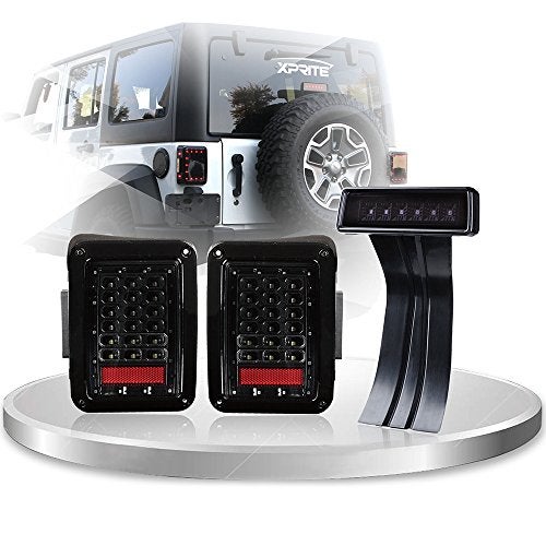 Xprite Clear Lens Red LED Tail Light w/Turn Signal & Back Up & Smoke 3rd LED Brake Light Assembly Compatible with Jeep Wrangler JK JKU 2007-2018 - Image 1