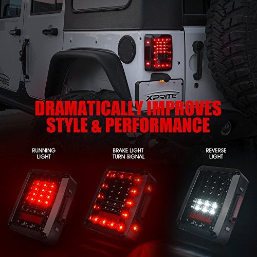 Xprite Clear Lens Red LED Tail Light w/Turn Signal & Back Up & Smoke 3rd LED Brake Light Assembly Compatible with Jeep Wrangler JK JKU 2007-2018 - Image 3