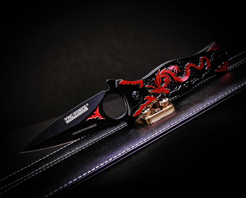 Tac-Force TAC Force TF-707 Series Assisted Opening Folding Knife, Black Half-Serrated Blade, Dragon Handle, 4-1/2-Inch Closed - Image 3