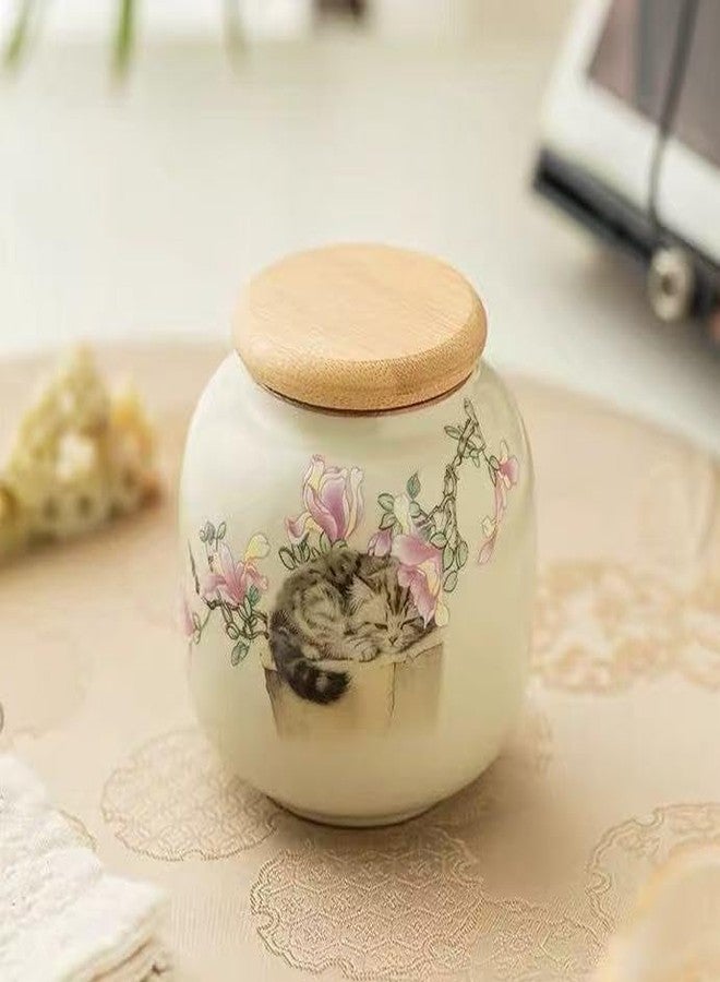 Cat Urn for Ashes, pet urns for Cats with Inner Layer Cracking Craftsmanship，Made by Ceramics (Cat Sleeping Under Flowers) - Image 3
