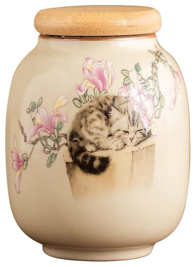 Cat Urn for Ashes, pet urns for Cats with Inner Layer Cracking Craftsmanship，Made by Ceramics (Cat Sleeping Under Flowers) - Image 1
