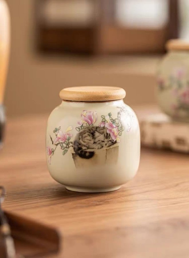 Cat Urn for Ashes, pet urns for Cats with Inner Layer Cracking Craftsmanship，Made by Ceramics (Cat Sleeping Under Flowers) - Image 2