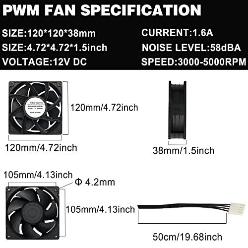 PANO-MOUNTS 2-Pack 120mm 12V DC 12038 120mm x 38mm 4.72inch High Speed Dual Ball Bearing 4Pin Antminer Fan PWM High CFM Brushless PC Computer CPU Case Ventilation Exhaust Fan with Metal Guard Grill 3000-5000RPM - Image 2