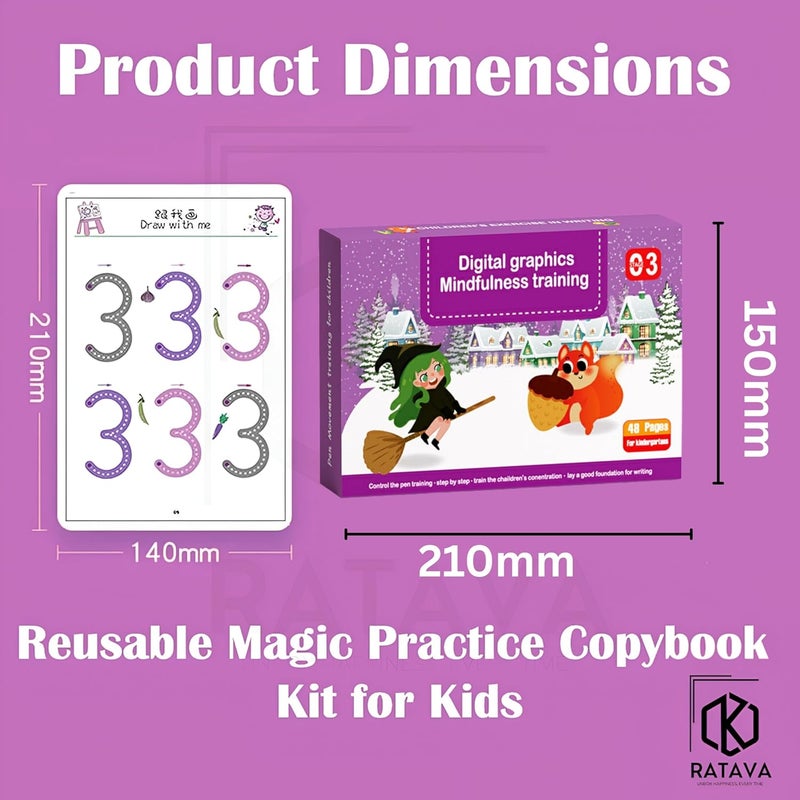 RATAVA Reusable Magic Tracing Workbook for Kids | Preschool Writing Practice with Disappearing Ink | Learn Alphabets, Numbers, Shapes & Lines | Early Learning Book (48 Pages, 4 Pens, Purple) - Image 2
