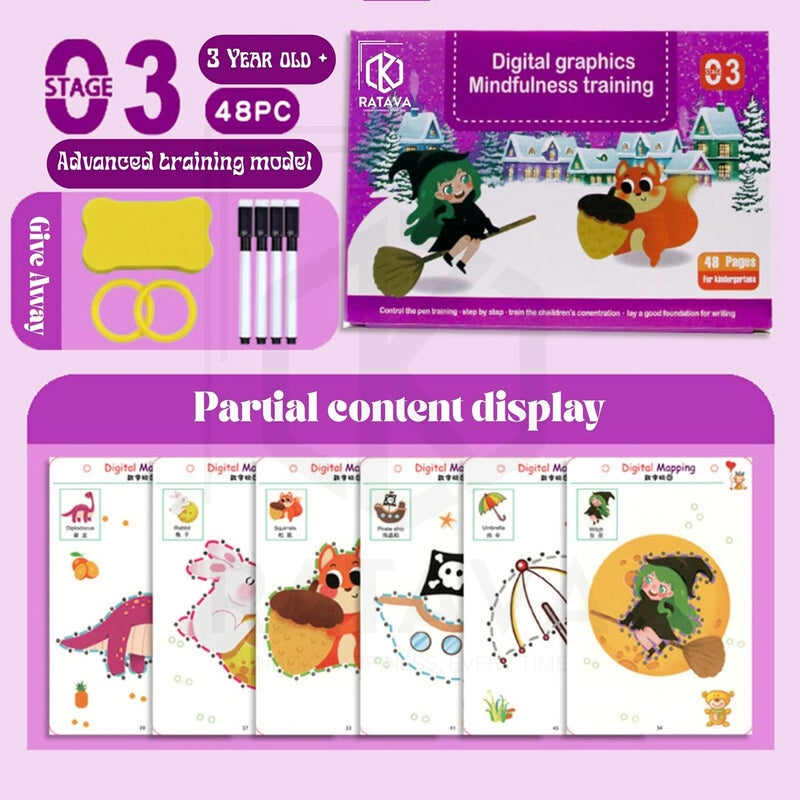 RATAVA Reusable Magic Tracing Workbook for Kids | Preschool Writing Practice with Disappearing Ink | Learn Alphabets, Numbers, Shapes & Lines | Early Learning Book (48 Pages, 4 Pens, Purple) - Image 3