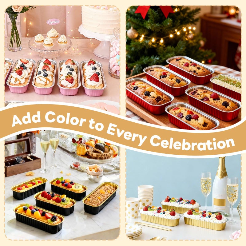 YQER 120 Pack Mini Loaf Pans with Lids and Spoons, 4-Color Assorted Aluminum Foil Baking Cake Tins (Black, Pink, Red, Yellow) - 6.8oz Disposable Mini Cake Pans for Baking, Gifting & Parties - Image 3