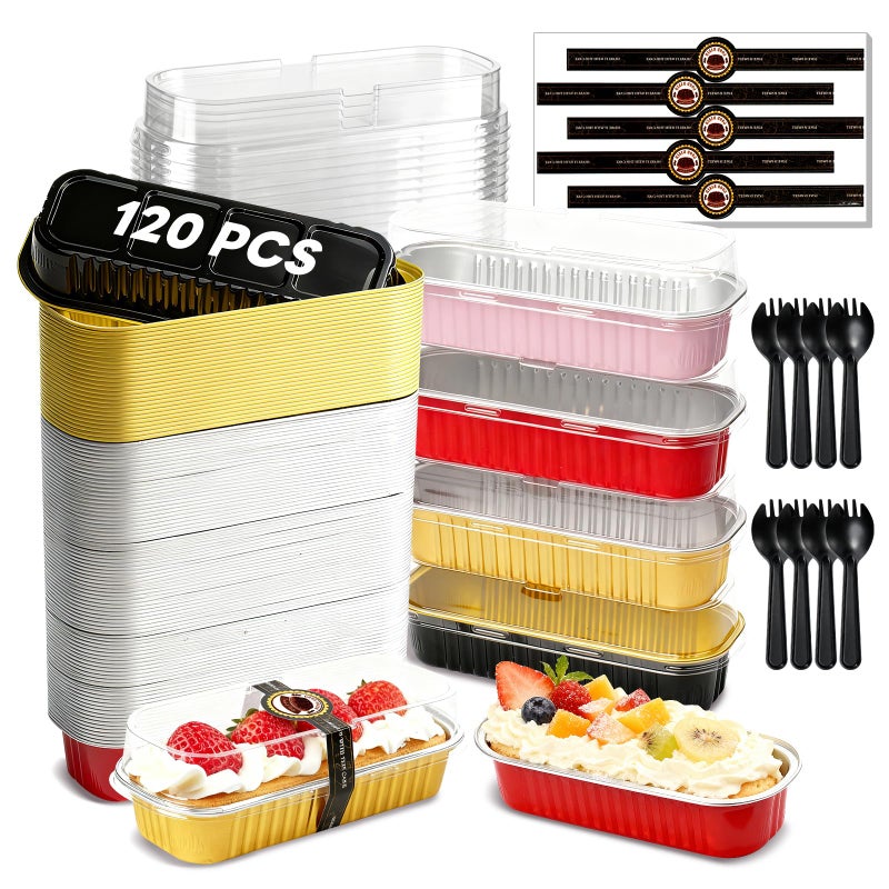 YQER 120 Pack Mini Loaf Pans with Lids and Spoons, 4-Color Assorted Aluminum Foil Baking Cake Tins (Black, Pink, Red, Yellow) - 6.8oz Disposable Mini Cake Pans for Baking, Gifting & Parties - Image 1