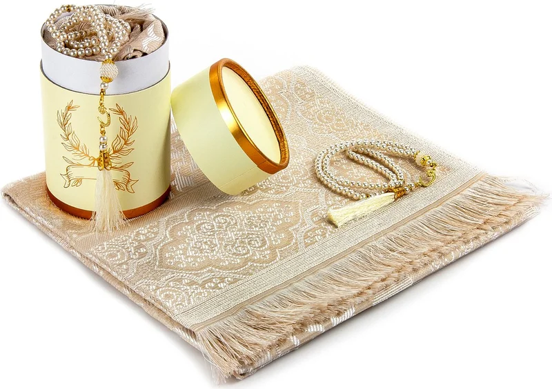 ايهفان Ihvan Canım Special Cylinder Boxed Set with Prayer Mat and Pearl Prayer Beads for My Mother - Cream Color