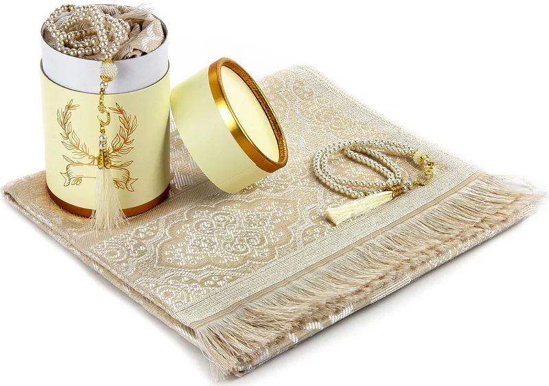 ايهفان Ihvan Canım Special Cylinder Boxed Set with Prayer Mat and Pearl Prayer Beads for My Mother - Cream Color