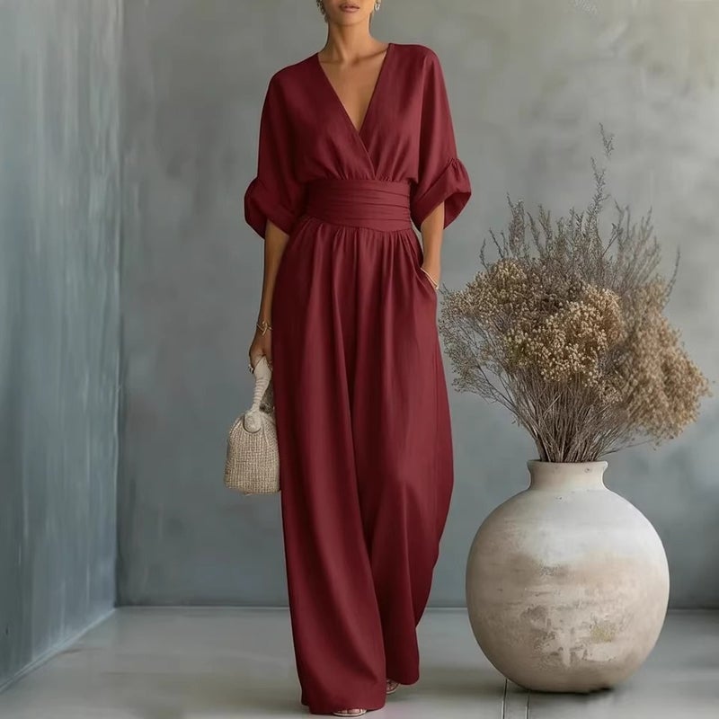 2026 European and American Cross-Border Spring/Summer New Elegant High-Waisted V-Neck Jumpsuit
