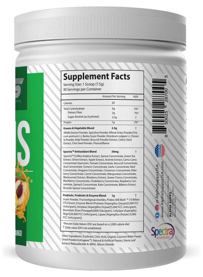 ALPHA SUPPS Alpha Greens Fruit & Vegetable Powder ; Over 40 Plant Based Ingredients ; Prebiotic Probiotic Blend 30 Servings (Peach Mango) - Image 3