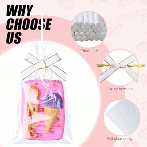 ROSPAKTEK 50pcs 4x6Inches Clear Rice Krispie Treat Bags with Sticks and Ties Bows Rice Kit Cakesicle Bags Individually Wrapped Packaging for Marshmallow Mcaron Pop Candy Apple Cookies Cake Ore Pop - Image 3