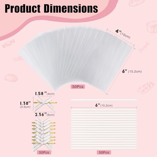 ROSPAKTEK 50pcs 4x6Inches Clear Rice Krispie Treat Bags with Sticks and Ties Bows Rice Kit Cakesicle Bags Individually Wrapped Packaging for Marshmallow Mcaron Pop Candy Apple Cookies Cake Ore Pop - Image 4
