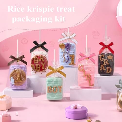 ROSPAKTEK 50pcs 4x6Inches Clear Rice Krispie Treat Bags with Sticks and Ties Bows Rice Kit Cakesicle Bags Individually Wrapped Packaging for Marshmallow Mcaron Pop Candy Apple Cookies Cake Ore Pop - Image 5