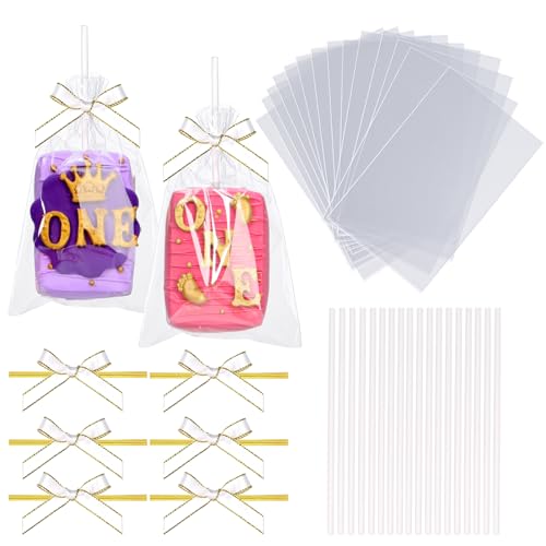 ROSPAKTEK 50pcs 4x6Inches Clear Rice Krispie Treat Bags with Sticks and Ties Bows Rice Kit Cakesicle Bags Individually Wrapped Packaging for Marshmallow Mcaron Pop Candy Apple Cookies Cake Ore Pop - Image 1