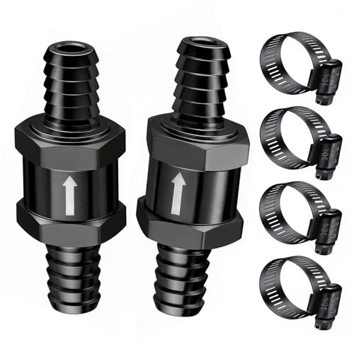 mxuteuk 2Pcs 38 10mm Aluminium Black Non Return One Way Check Valve with 4Pcs 612mm Universal Adjustable Hose Clamps for Fuel Petrol Diesel Line Oil - Image 1