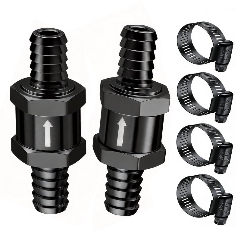 mxuteuk 2Pcs 38 10mm Aluminium Black Non Return One Way Check Valve with 4Pcs 612mm Universal Adjustable Hose Clamps for Fuel Petrol Diesel Line Oil - Image 3