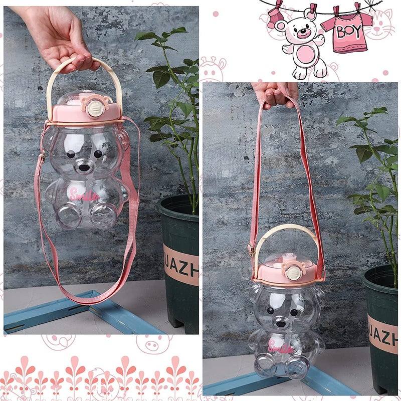 Delzon Cute Teddy Shape Water bottle With Straw Strap Portable Mouth BPA Free And Leackproof Material Havey Duty Plastic Water Bottle Pink - Image 5