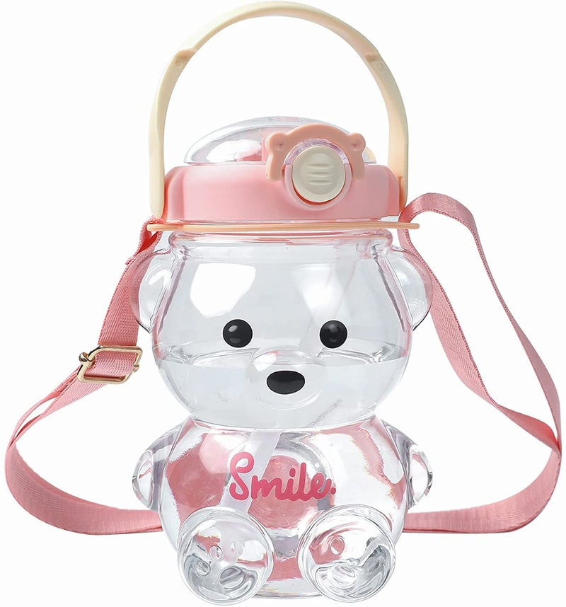 Delzon Cute Teddy Shape Water bottle With Straw Strap Portable Mouth BPA Free And Leackproof Material Havey Duty Plastic Water Bottle Pink - Image 1