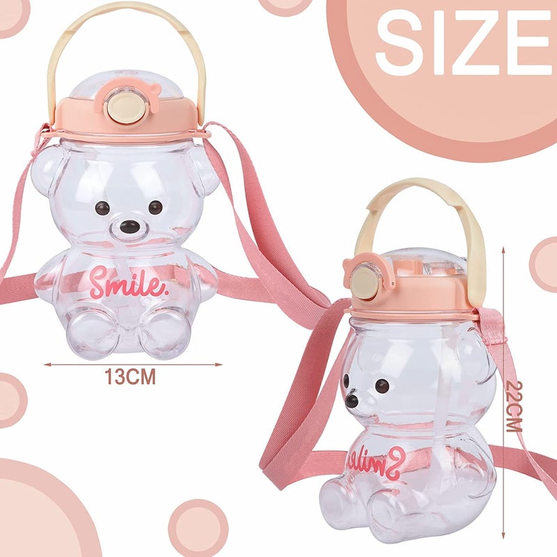 Delzon Cute Teddy Shape Water bottle With Straw Strap Portable Mouth BPA Free And Leackproof Material Havey Duty Plastic Water Bottle Pink - Image 2