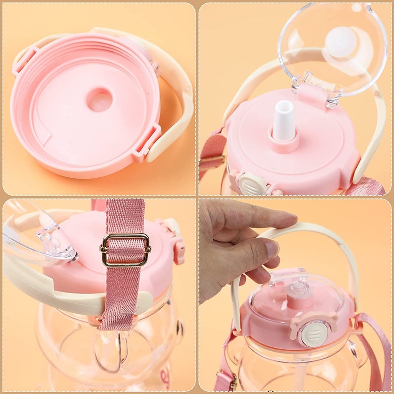 Delzon Cute Teddy Shape Water bottle With Straw Strap Portable Mouth BPA Free And Leackproof Material Havey Duty Plastic Water Bottle Pink - Image 3