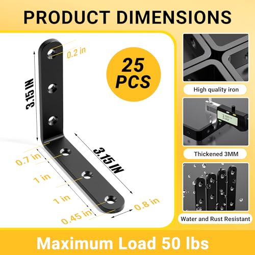 WENQUIT 25Pcs Black Angle Brackets 3x 3 Heavy Duty Corner Brace Metal Corner Brackets for Wood 3MM 90 Degree Joint Hardware 3inch Mounting Bracket for Wooden Furniture Cabinet Chairs Bookshelf - Image 3