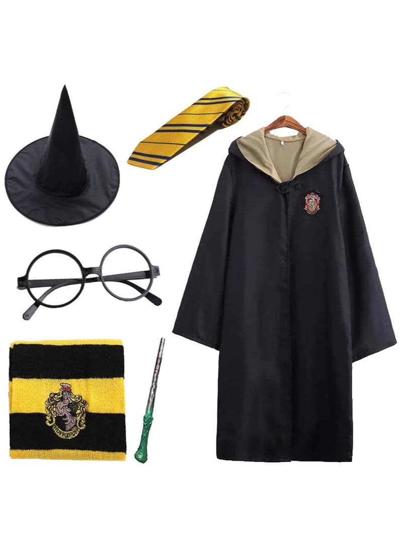 YelaJoy Compatible for 6 Piece Harry Potter COS Performing Set, Harry Potter Hufflepuff Deluxe Robe Childs Costume with Wand Tie Scarf,Costume for Harry Potter Fans Cosplay Gifts Accessory-XXL  - Image 1