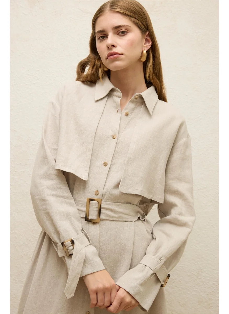 مانوكا Linen Trench Style Dress Stone