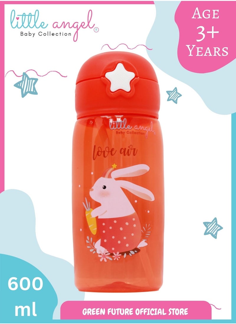 Little Angel Kids Water Bottle with Straw, 600ml Bear Design - BPA-Free, Portable Sports Drink Bottle with Silicone Nozzle and Carrying Pouch for School, Sport, Indoor & Outdoor  - Image 1