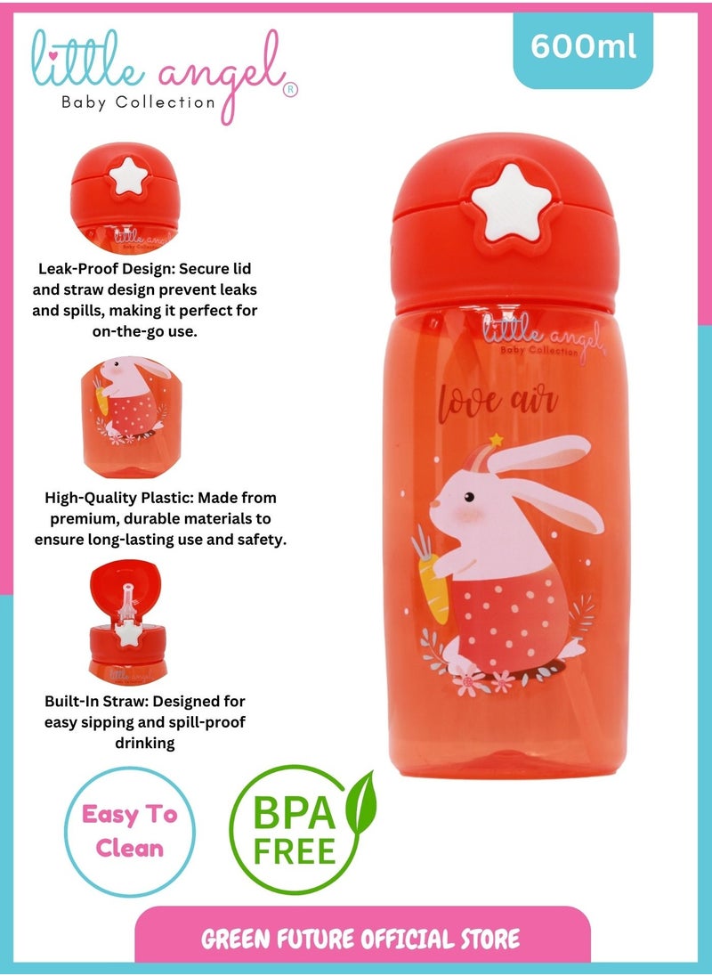 Little Angel Kids Water Bottle with Straw, 600ml Bear Design - BPA-Free, Portable Sports Drink Bottle with Silicone Nozzle and Carrying Pouch for School, Sport, Indoor & Outdoor  - Image 2