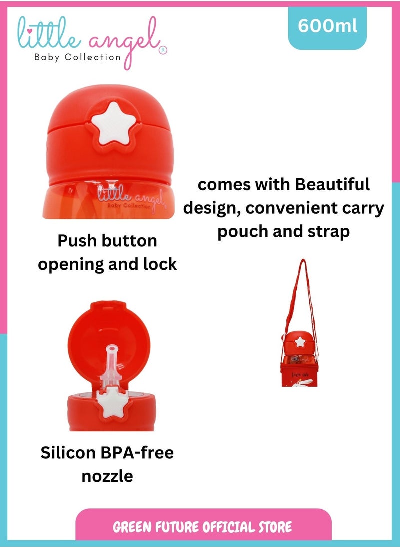 Little Angel Kids Water Bottle with Straw, 600ml Bear Design - BPA-Free, Portable Sports Drink Bottle with Silicone Nozzle and Carrying Pouch for School, Sport, Indoor & Outdoor  - Image 3