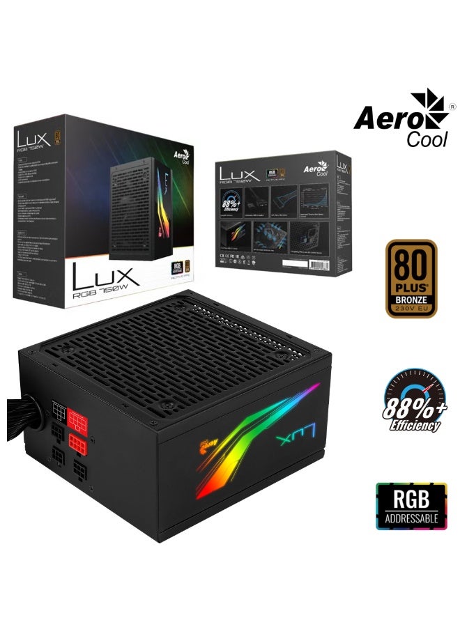 AeroCool LUX RGB 750W Power Supply Unit, 80Plus Bronze Certified, 13 preset lighting effects, Compatible with Addressable RGB using +5V Addressable RGB connector - Image 1