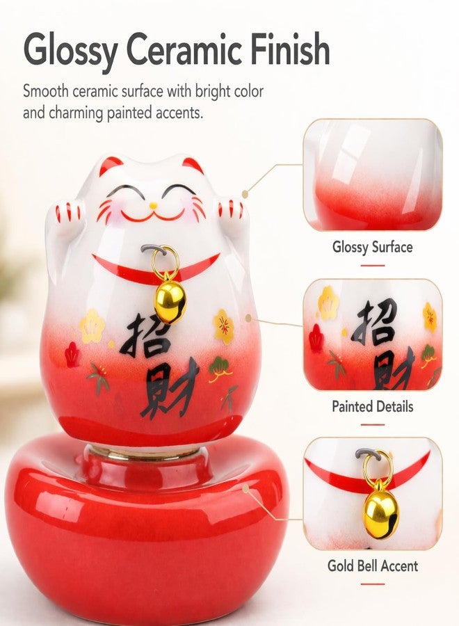 kcrygogo Red Ceramic Lucky Cat Figurine with Golden Bell, Chubby Fortune Cat with Rotating Base, Cute Healing Desk Ornament, Small Good Luck Gift for Home Office Decoration - Image 5
