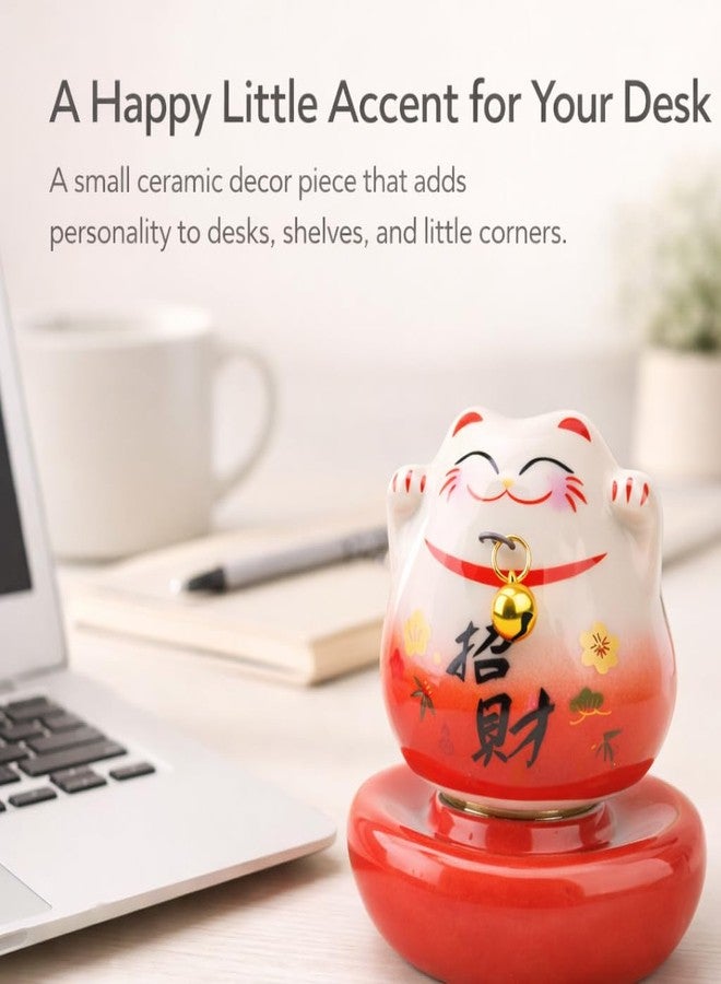 kcrygogo Red Ceramic Lucky Cat Figurine with Golden Bell, Chubby Fortune Cat with Rotating Base, Cute Healing Desk Ornament, Small Good Luck Gift for Home Office Decoration - Image 4