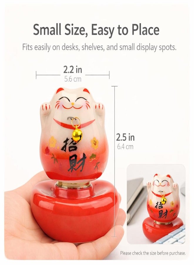 kcrygogo Red Ceramic Lucky Cat Figurine with Golden Bell, Chubby Fortune Cat with Rotating Base, Cute Healing Desk Ornament, Small Good Luck Gift for Home Office Decoration - Image 2