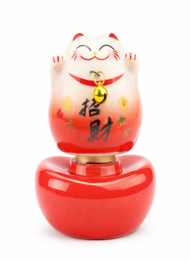 kcrygogo Red Ceramic Lucky Cat Figurine with Golden Bell, Chubby Fortune Cat with Rotating Base, Cute Healing Desk Ornament, Small Good Luck Gift for Home Office Decoration - Image 1