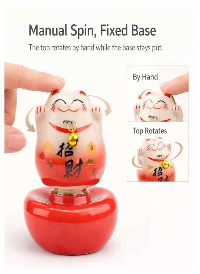 kcrygogo Red Ceramic Lucky Cat Figurine with Golden Bell, Chubby Fortune Cat with Rotating Base, Cute Healing Desk Ornament, Small Good Luck Gift for Home Office Decoration - Image 3