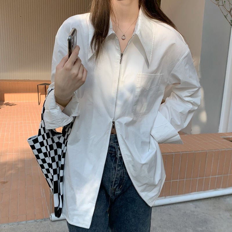 White shirt Womens Spring retro Hong Kong style long inner white shirt design sense niche double zipper stacked top 236# White (double-headed zipper) version