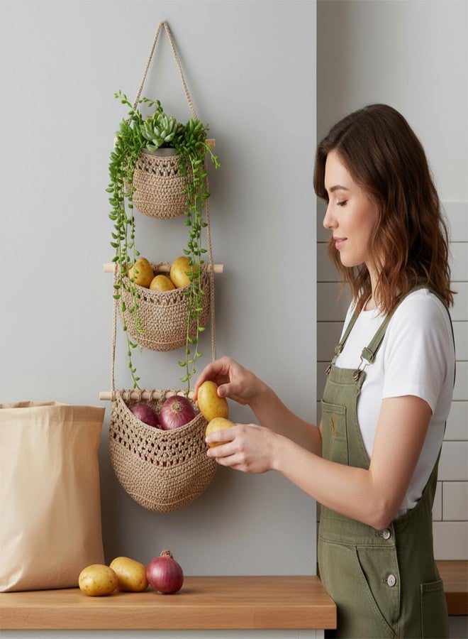 Caeuiciw Hanging Fruit Basket, 3 Tier Woven Jute Wall Basket for Organizing, Hanging Produce Baskets for Fruit Vegetable Storage, Boho Kitchen Decor, Wall Baskets Storage for Kitchen, Bedroom, Bathroom - Image 5