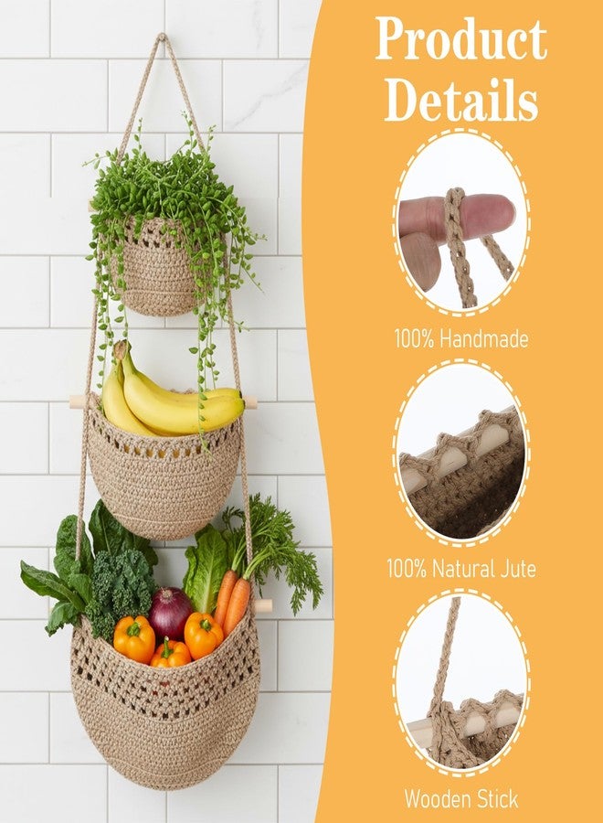 Caeuiciw Hanging Fruit Basket, 3 Tier Woven Jute Wall Basket for Organizing, Hanging Produce Baskets for Fruit Vegetable Storage, Boho Kitchen Decor, Wall Baskets Storage for Kitchen, Bedroom, Bathroom - Image 3
