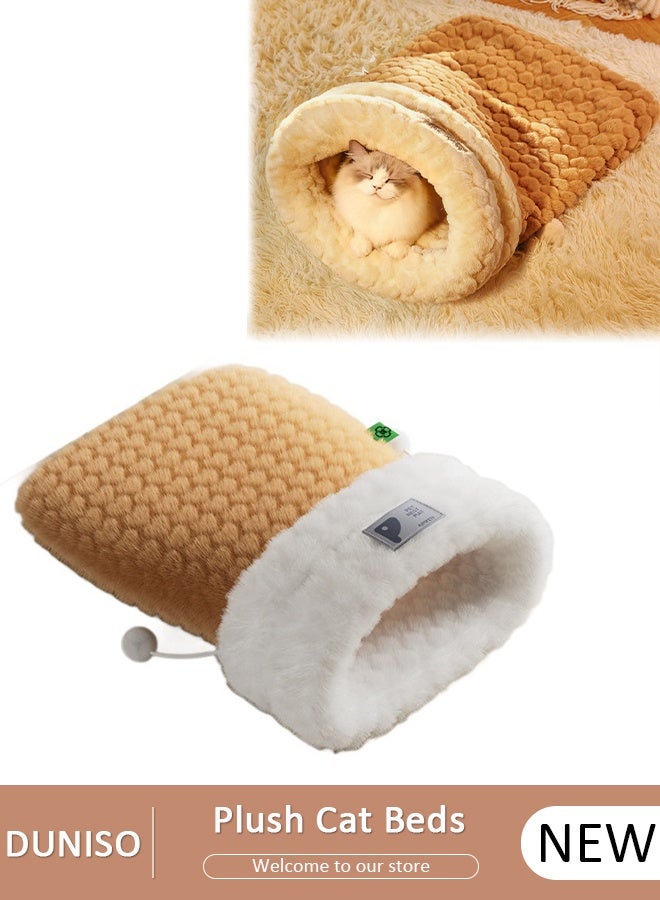 Self-Warming Cat Sleeping Bag, Semi Enclosed Sleeping Bag for Cats, Soft Plush Cat Bed Cave for Indoor Cats, Cozy Winter Cat Sack Bed, Warm Pet Mat for Kitten, Comfy Self-Heating Cat Bed with Cave for Winter
