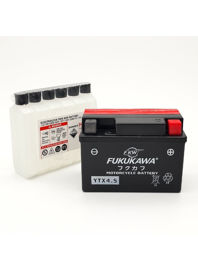 FUKUKAWA YTX4.5L-BS 12V 4Ah Fresh Pack AGM Motorcycle Battery with 6 Electrolyte Bottles – Maintenance-Free Sealed Design for Motorcycles, Scooters & ATVs - Image 1