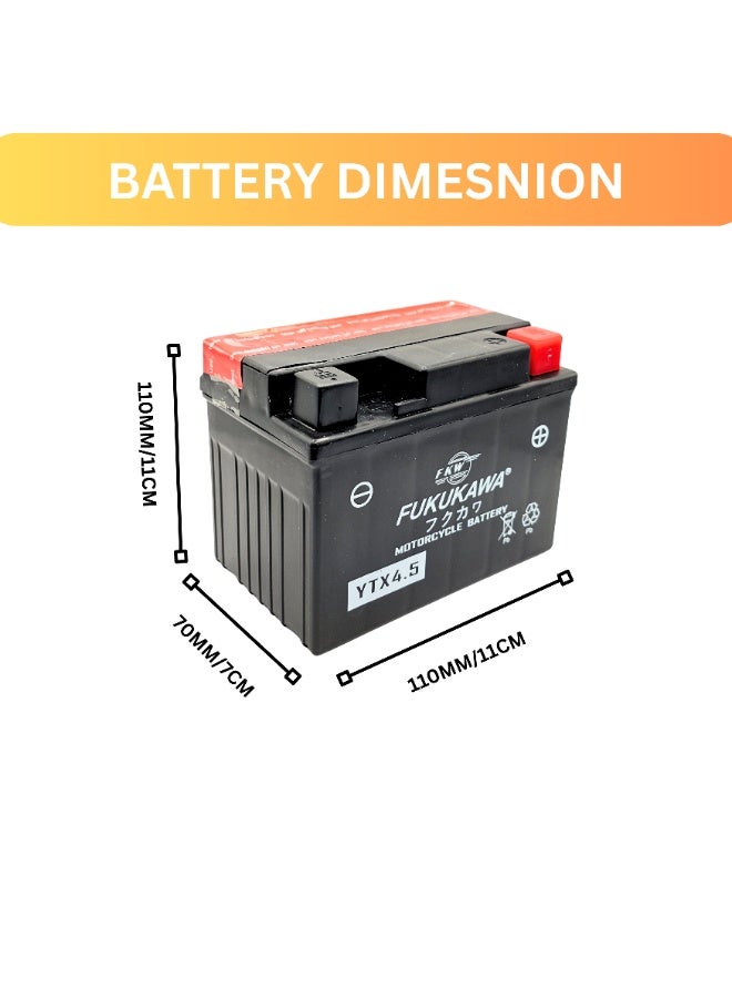 FUKUKAWA YTX4.5L-BS 12V 4Ah Fresh Pack AGM Motorcycle Battery with 6 Electrolyte Bottles – Maintenance-Free Sealed Design for Motorcycles, Scooters & ATVs - Image 2