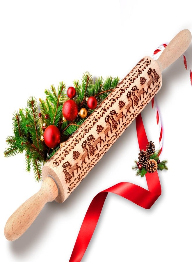 tietoc Christmas Wooden Embossed Rolling Pin for Baking, Deep Engraved Embossing Rolling Pins with Christmas Elk Deer Pattern Designs for Baking Cookies, Cookie Stamps Roller, Kitchen Decor DIY Tools - Image 1