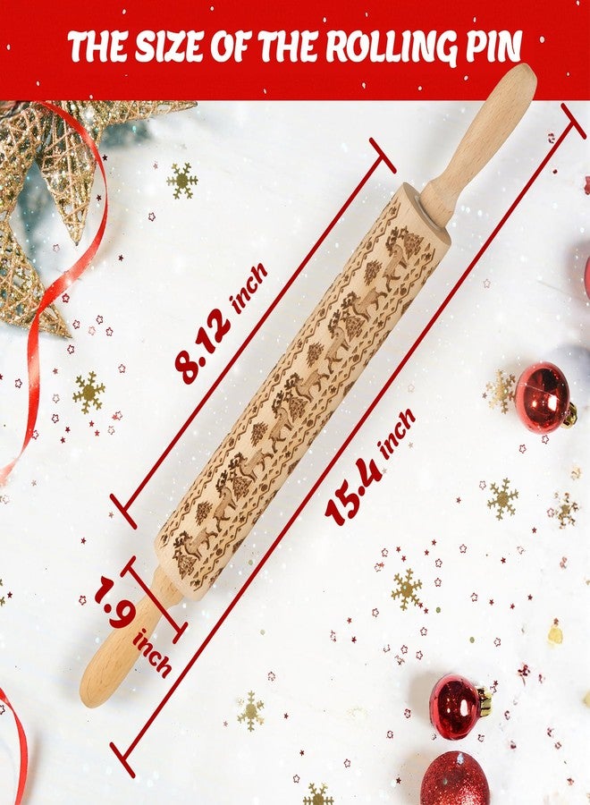 tietoc Christmas Wooden Embossed Rolling Pin for Baking, Deep Engraved Embossing Rolling Pins with Christmas Elk Deer Pattern Designs for Baking Cookies, Cookie Stamps Roller, Kitchen Decor DIY Tools - Image 3