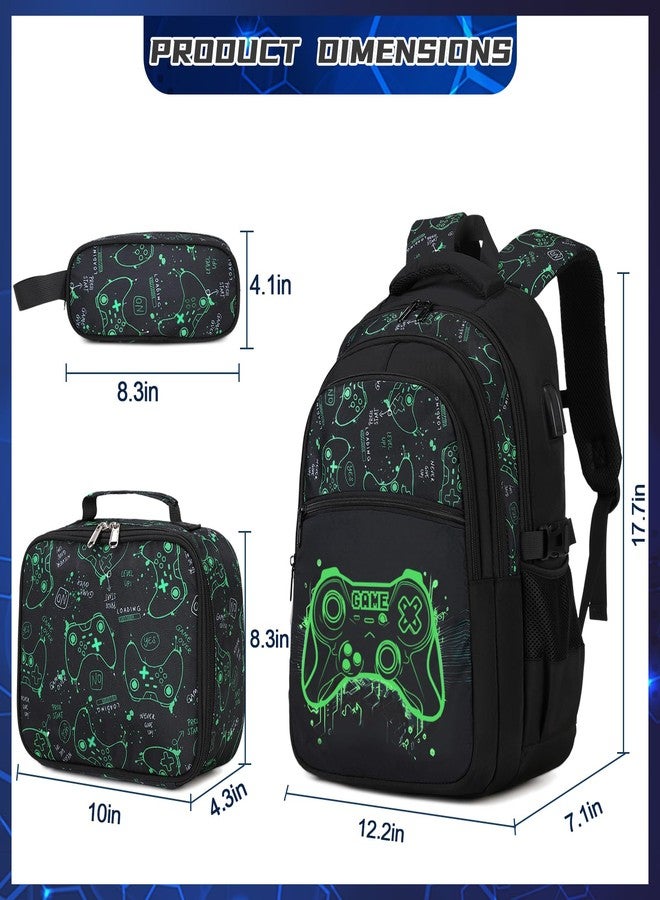 DIGOBAY Boys Backpack for School, 3PCS Cool Luminous Gamer Backpack for Boys with Lunch Box Pencil Case, Green, Daypack Backpacks - Image 2