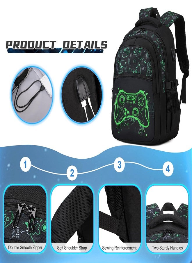 DIGOBAY Boys Backpack for School, 3PCS Cool Luminous Gamer Backpack for Boys with Lunch Box Pencil Case, Green, Daypack Backpacks - Image 4